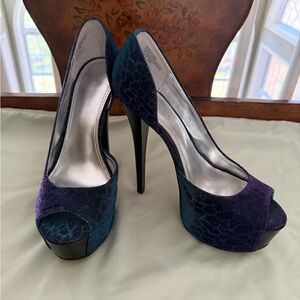Bakers Women's Peep Toe Platform Pumps in Teal and Purple
